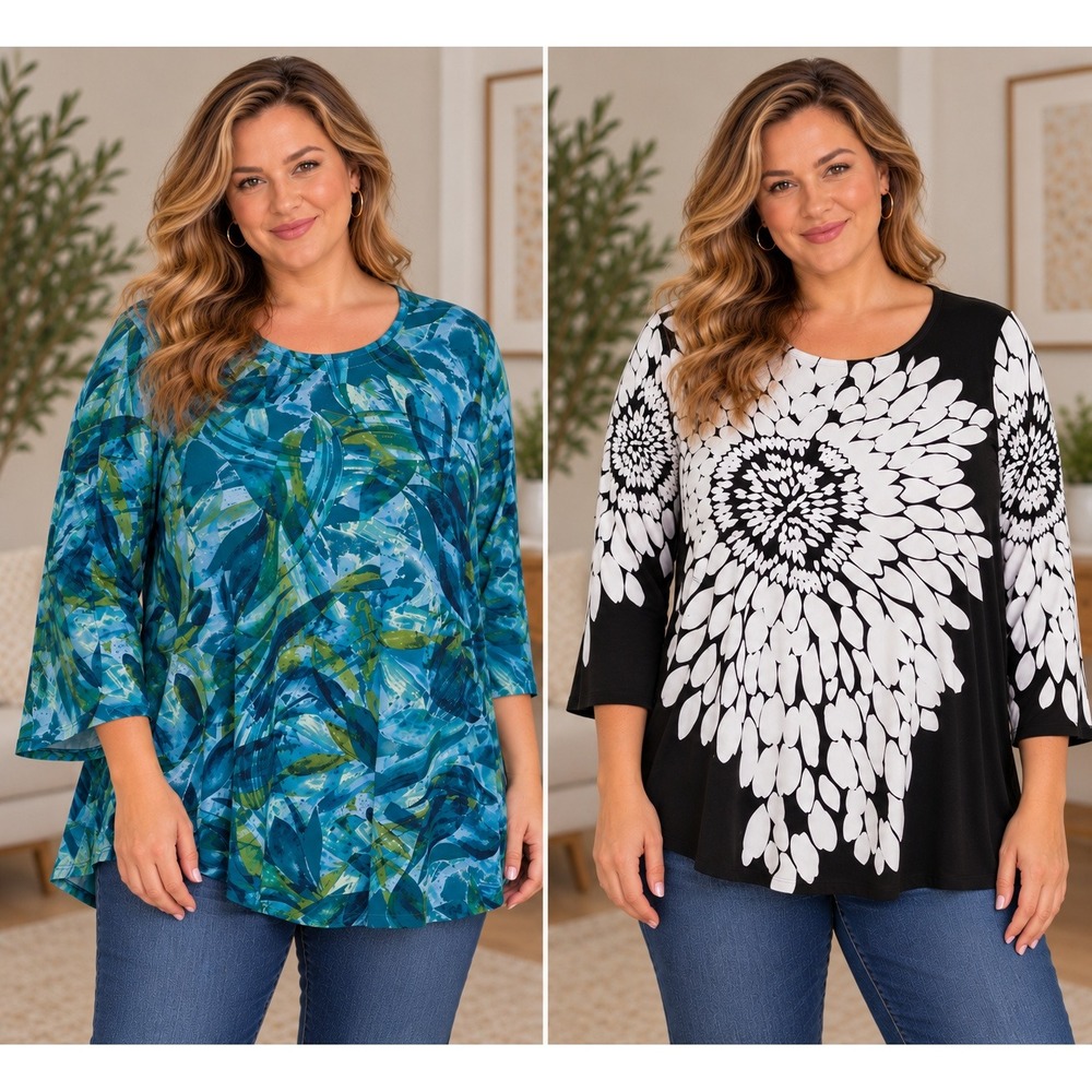 Susan Graver Liquid Knit Tunic Tops Women 1X Blue Black Floral Abstract 2pk